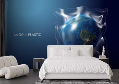 Say no to plastic low poly banner template. 3d polygonal earth globe. Planet covered with plastic concept art with connected dots and lines. Global problem vector color wireframe mesh illustration Wall mural