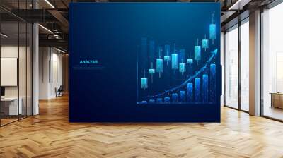 Stock market or trading graph chart on technology blue background. Forex Japanese candlesticks as holograms. Finance and trade concept. Exchange metaphor. Low poly abstract vector illustration. Wall mural