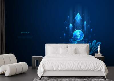 Technology Increase Revenue Concept. Money coins in a hand. Growth profit. Digital low poly wireframe vector illustration. Abstract polygonal stack of coins in a hand and arrows up on blue background. Wall mural