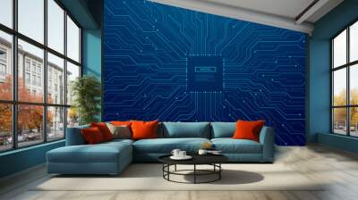 Thin circuit trace lines in blue on a dark technology background. Abstract digital tech bg. Electronics and computer technology concept. Chip and circuit board. Vector illustration with text space.  Wall mural