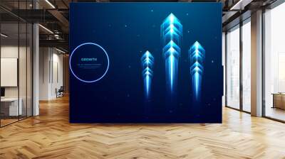 Three abstract blue glow speed arrows rise up. Concept of business target reach or successful investment. Low poly vector illustration in futuristic style. Neon glow of lines, connected dots, shapes. Wall mural