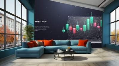 Trade investment concept. Stock market candlestick in polygonal wireframe style. Digital graph chart on laptop screen. Abstract 3D vector illustration on dark technological background. Wall mural