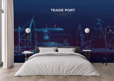 Trade port low poly wireframe banner template. Digital vector cargo ship, container, crane and warehouse in dark blue. Container ships, transportation, logistics, business, worldwide shipping concept Wall mural