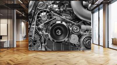 Car engine, concept of modern vehicle motor with metal, chrome, plastic parts, heavy industry, monochrome  Wall mural