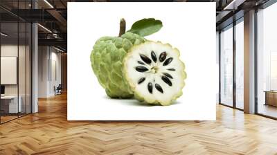 Custard apple or sugar apple with slice and green leaf isolated on white background, exotic tropical Thai annona or cherimoya fruit, healthy food  Wall mural