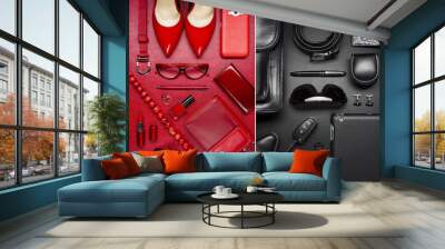 Woman and man accessories, fashion industry, modern life concept, clothes, shoes, gadget, jewelry, cosmetic, other luxury objects on red and black leather background  Wall mural