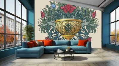 Decorative Goblet. Medieval gothic style concept art. Design element. Hand drawn image isolated on decorative floral background. EPS10 vector illustration Wall mural