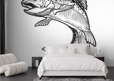 Realistic intricate drawing of the rainbow trout jumping out. Black and white sketch isolated on white background. Concept art for horoscope, tattoo or colouring book. EPS10 vector illustration Wall mural