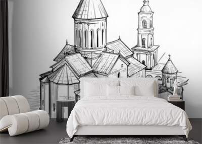 Sioni Cathedral in Tbilisi, Georgia. Black line drawing isolated on white background. Wall mural