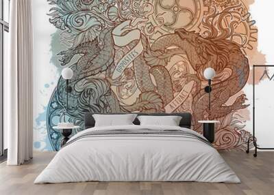 Two dragons fighting on Watercolor background Wall mural