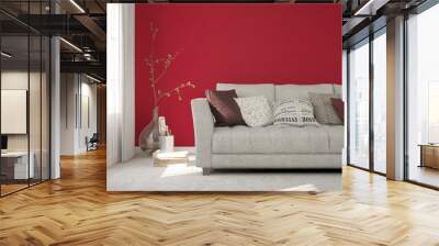 Idea of red minimalist room with sofa. Scandinavian interior design. 3D illustration Wall mural