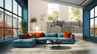 Minimalist living room in white color with sofa and summer landscape in window. Scandinavian interior design. 3D illustration Wall mural