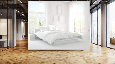 Modern bedroom in white color. Scandinavian interior design. 3D illustration Wall mural