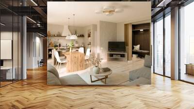 Modern design of a small apartment with kitchen and living room. 3D illustration Wall mural