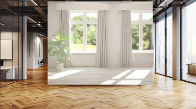 Stylish empty room in white color with summer landscape in window. Scandinavian interior design. 3D illustration Wall mural