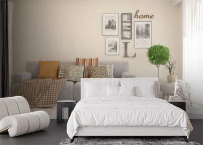 Stylish room in white color with sofa. Scandinavian interior design. 3D illustration Wall mural