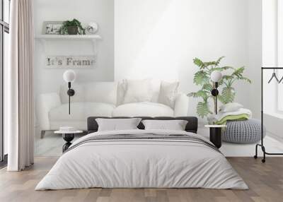 Stylish room in white color with sofa. Scandinavian interior design. 3D illustration Wall mural