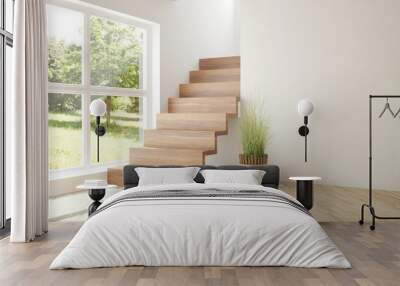 white empty room with stair and green landscape in window. scandinavian interior design. 3d illustra Wall mural