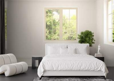 White empty room with summer landscape in window. Scandinavian interior design. 3D illustration Wall mural