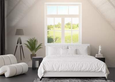 White empty room with summer landscape in window. Scandinavian interior design. 3D illustration Wall mural