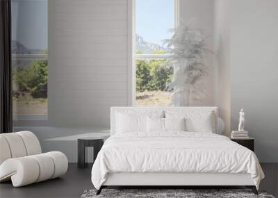 White empty room with summer landscape in window. Scandinavian interior design. 3D illustration Wall mural