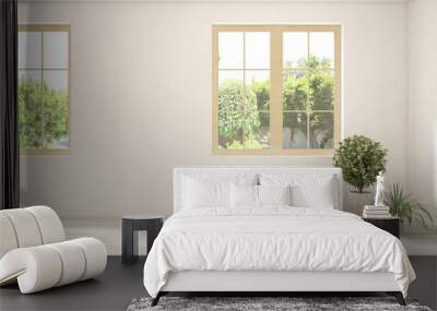 White empty room with summer landscape in window. Scandinavian interior design. 3D illustration Wall mural