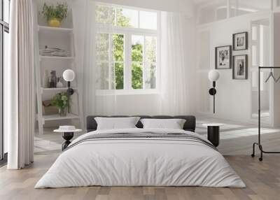 White empty room with summer landscape in window. Scandinavian interior design. 3D illustration Wall mural