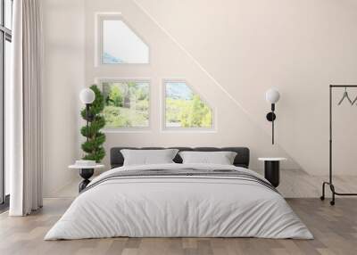 White empty room with summer landscape in window. Scandinavian interior design. 3D illustration Wall mural