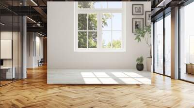 White empty room with summer landscape in window. Scandinavian interior design. 3D illustration Wall mural