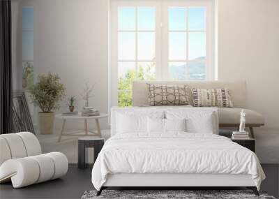 White living room with sofa and summer landscape in window. Scandinavian interior design. 3D illustration Wall mural