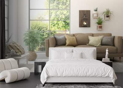 White living room with sofa and summer landscape in window. Scandinavian interior design. 3D illustration Wall mural