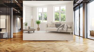 White living room with sofa and summer landscape in window. Scandinavian interior design. 3D illustration Wall mural