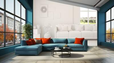 White living room with sofa and summer landscape in window. Scandinavian interior design. 3D illustration Wall mural