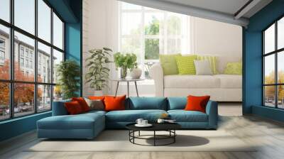 White living room with sofa and summer landscape in window. Scandinavian interior design. 3D illustration Wall mural