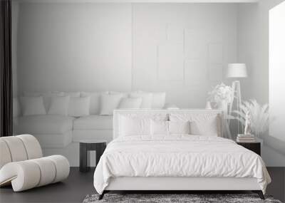 White minimalist living room with sofa. Scandinavian interior design. 3D illustration Wall mural