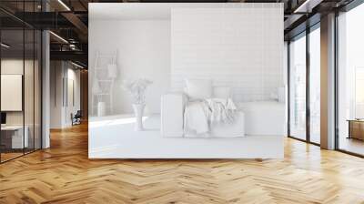 White minimalist living room with sofa. Scandinavian interior design. 3D illustration Wall mural