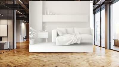 White minimalist living room with sofa. Scandinavian interior design. 3D illustration Wall mural