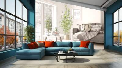 White room with sofa and winter landscape in window. Scandinavian interior design. 3D illustration Wall mural