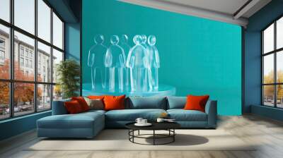 Acrylic figurines of varying shapes placed on a glossy surface against a teal background Wall mural