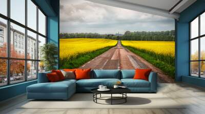 Rapeseed Field Either Side of the Road Wall mural