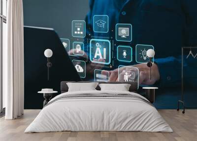 AI Artificial Intelligence and Education technology concept. A man use laptops, Learn lessons and online webinars successfully in modern digital learning, Courses to develop new skills. E-learning. Wall mural