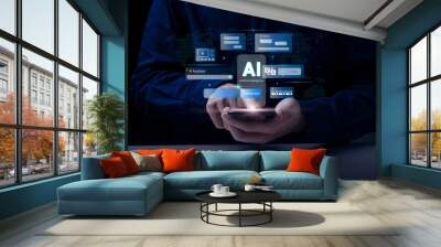 Artificial Intelligence and mobile technology concept. Man using AI Phone for Generative Edit, Live Translate, Circle to Search, Chatbot assistant conversation. generative AI. innovation. smartphone. Wall mural