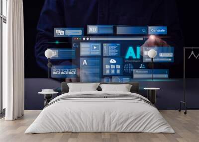 Artificial Intelligence Content Generator. A man uses a laptop to interact with AI assistant. AI offers functions like chatbot, generate images, write code, writer bot, translate and advertising. Wall mural