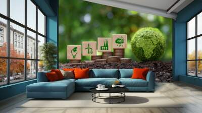 Carbon credit and CO2 emission reduction concept. Wooden cubes with CO2 icon on stack of silver coins and green globe. Tax credits for enterprises to stop global warming process. green taxation. Wall mural