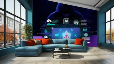 Cyber ​​security and Tech warning or scam concept. Hackers utilize AI (Artificial Intelligence) algorithms to automate attacks, online scamming, criminal hacker, Cyber thief, fraud, AI robot hacking. Wall mural