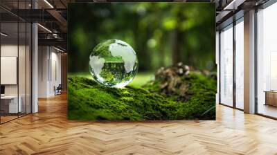 Environment Concept - Crystal Earth On moss In Forest With Ferns And Sunlight - Environment, save clean planet, ecology concept. Earth Day banner with copy space. Wall mural