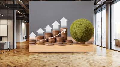 Growth money arrow with stack of silver coins and green earth. Concept of finance and sustainability investment. Wall mural