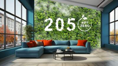 Net zero by 2050. Carbon neutral  on Top view of nature.. Net zero greenhouse gas emissions target. Climate neutral long term strategy. No toxic gases.  Wall mural