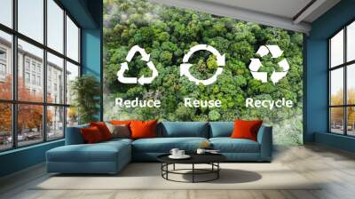 reduce, reuse, recycle symbol in the middle of a beautiful untouched jungle. ecological concept. an  Wall mural