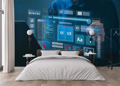 Web UI-UX design, web development concept. A web developer works on a website, surrounded by holographic displays of code, icons, and data visualizations. Web design, application design, coding. Wall mural